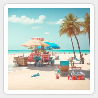 A vibrant beach scene with a bright blue sky, white sand, and a gentle breeze. Sticker